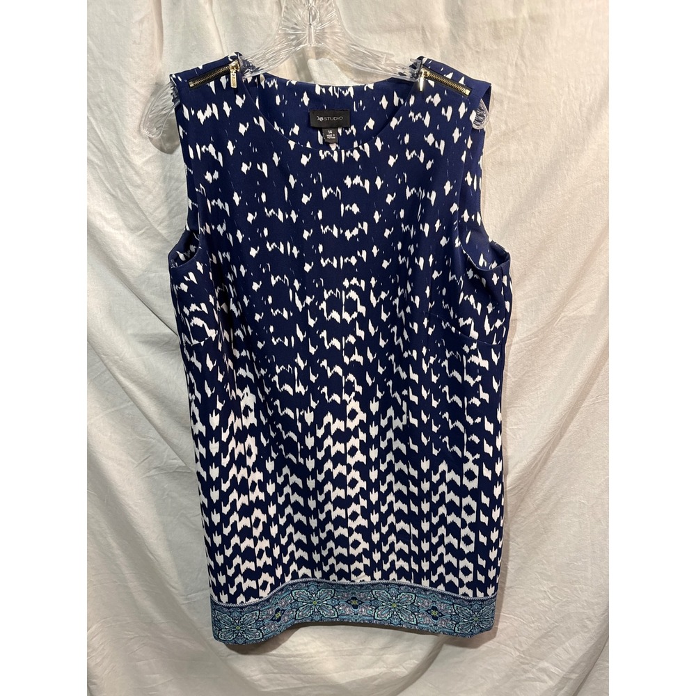 AB Studio Womens Navy Blue White Ikat Print Sleeveless Blouse Gold Zipper Siz 14